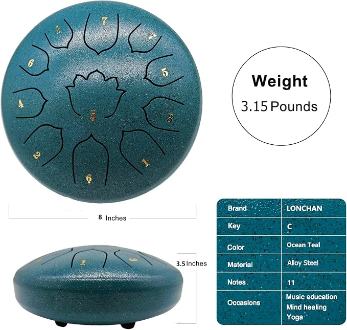 Rain Drum for Outside Garden, 8-Inch Steel Tongue Drum with 11 Notes, Percussion Instrument, Includes Packing Bag, Music Book, and Mallets, Ideal for Meditation, Yoga, and Relaxation