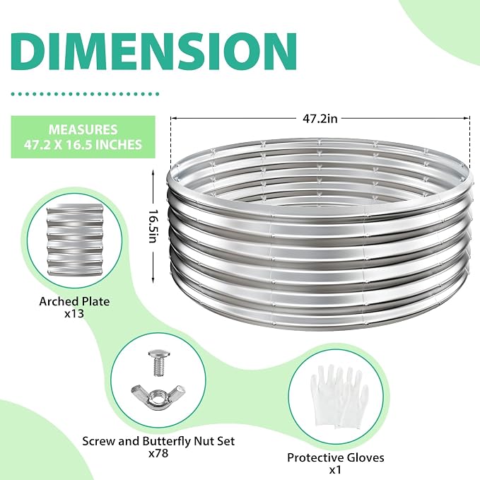 YSEJOMP 17" Tall Round Outdoor Garden Raised Garden Bed Kits-0.8MM Thick Metal Raised Planter Bed/Ground Planter Box for Variety of Flowers,Herbs,Vegetables,Trees (Silver, 48 Dia X 16.5inches)