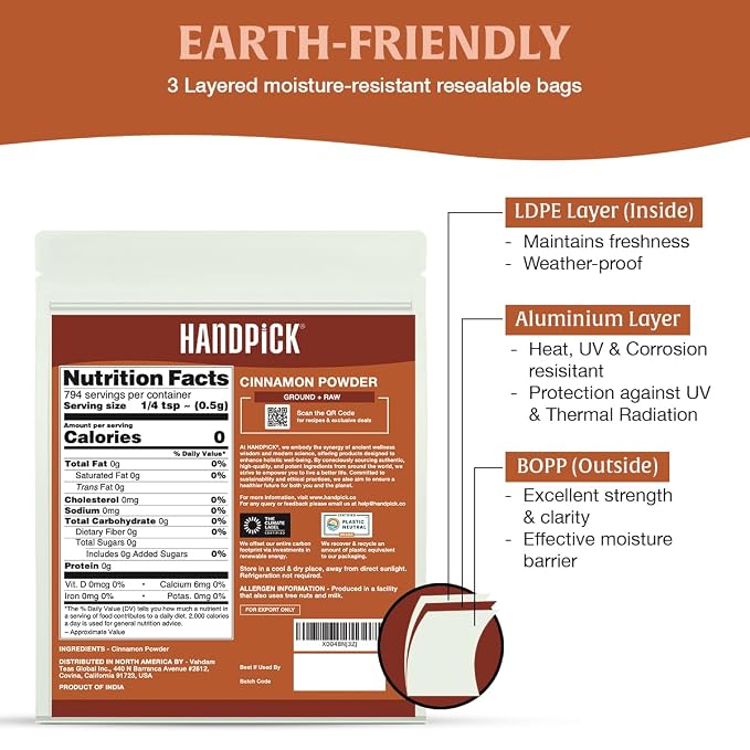 HANDPICK, Cinnamon Powder (397g/14oz) Non GMO, Gluten Free, 100% Raw, Sourced from South India, For Cooking, Smoothies, Lattes, Tea, Packed in Resealable Ziplock Pouch