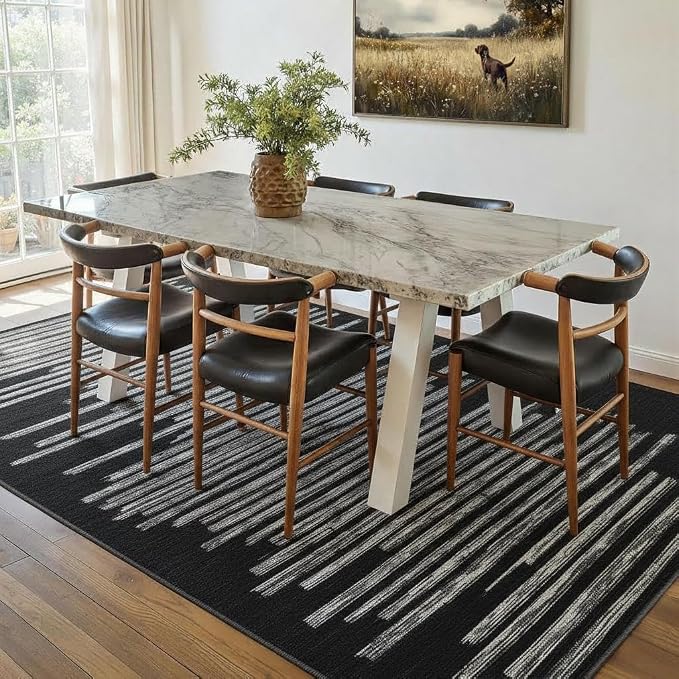 GarveeHome 10x13 Large Black Area Rug for Living Room Home Office Classroom | Modern Striped Non Slip Foldable Indoor Carpet Stain Resistant Low Pile Kitchen Rug, Black