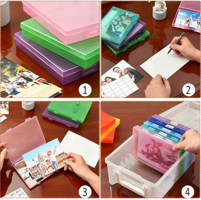NINU Photo Storage Box 5 x 7 In Photo Case, 10 Inner Large Photo Keeper, Color Photo Storage Container, Seed Craft Cards Pictures Organizer, Plastic Office Organizer with 1 Label Sticker