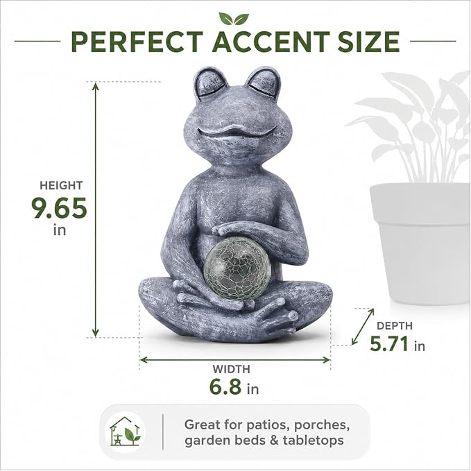 Solar Meditating Yoga Frog Statue 6.8L x 9.65H | Zen Garden Figurines for Home and Garden Decor, Frog Decorations Gift Ideas, Gifts for Women Mom