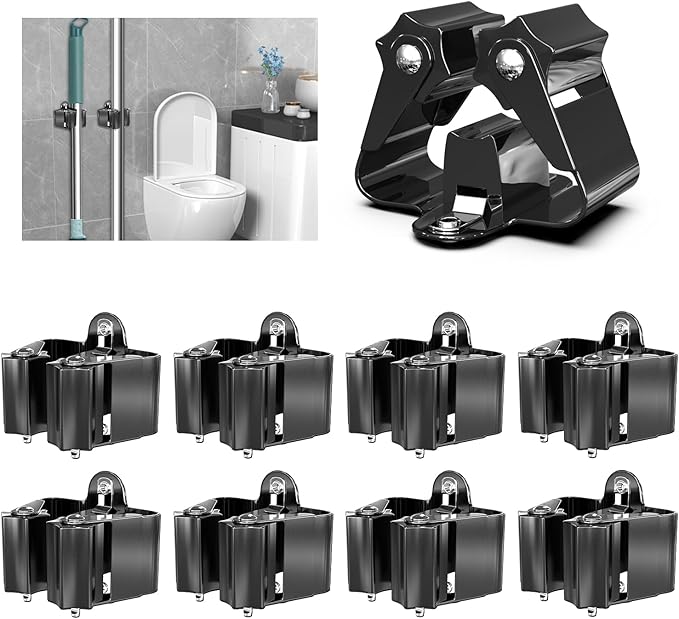 3-H Broom Holder Wall Mount 8 Pack, Heavy Duty Stainless Steel Mop and Broom Organizer Clips, Strong Grip Wall Mount Holders for Garage, Garden, Laundry Room & Utility Closet, Black