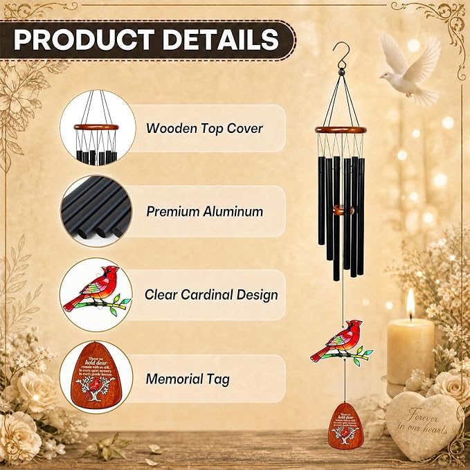 Cardinal Wind Chimes for Outside,36" Memorial Wind Chimes for Loss of Loved One,Sympathy Gifts for Loss of Mother/Father,Cardinal Gifts for Women