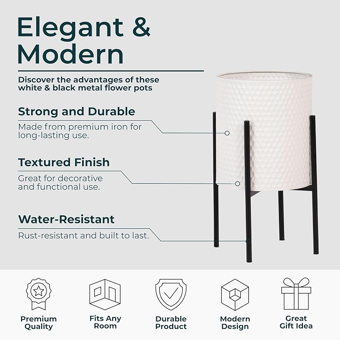 Decorative Flower Pots with Metal Stand for Home Decor - Modern Planters for Hallway, Entryway, and Living Room Decor - Indoor and Outdoor Pots for Plants - Set of 2, 23", 19", White & Black