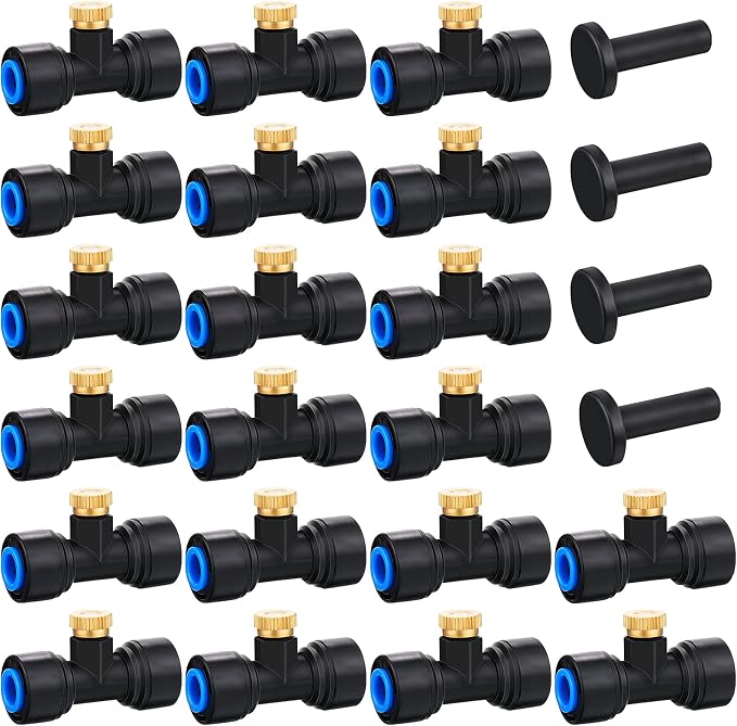 Hotop 20 Pieces Brass Misting Nozzles 1/4 Inch, Mister Replacement Nozzles Tees with Plugs for Outdoor Cooling System, Misting System Accessories for Patio, Greenhouse, Garden