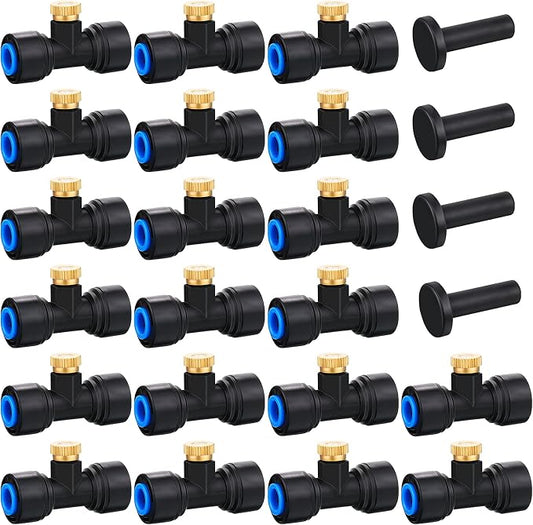 Hotop 20 Pieces Brass Misting Nozzles 1/4 Inch, Mister Replacement Nozzles Tees with Plugs for Outdoor Cooling System, Misting System Accessories for Patio, Greenhouse, Garden