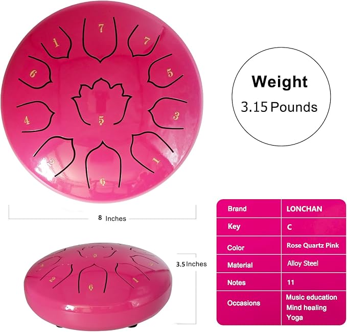 Rain Drum for Outside Garden, 8-Inch Steel Tongue Drum with 11 Notes, Percussion Instrument, Includes Packing Bag, Music Book, and Mallets, Ideal for Meditation, Yoga, and Relaxation