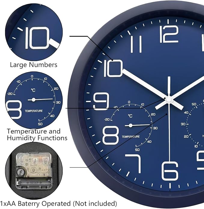 12 Inch Analog Wall Clock with Temperature and Humidity, Battery Operated Non-Ticking Silent Tempered Glass Large Numbers Clocks for Living Room Bedroom Office Kitchen Farmhouse Outdoor, Blue