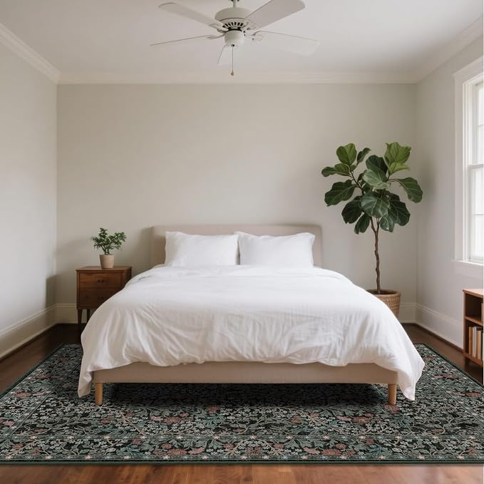 8x10 Washable Area Rugs for Living Room, Stain Resistant Vintage Rugs for Dining Room Under Kitchen Table, Bedroom, Floral Low Pile Non-Slip Large Carpet (8 x 10 Dark Green)