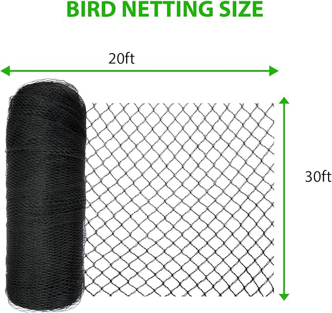 Bird Netting 3/8 Inch Mesh, 20 x 30 FT, HDPE, Rip-Resistant, Black | Tight diamond woven mesh blocks small birds | Allows bees & pollinators through | UV-stabilized | Stakes & ties included