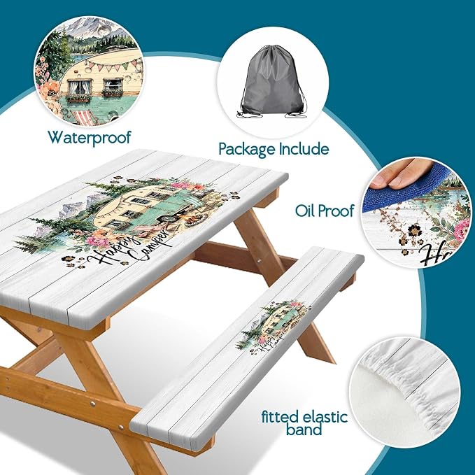 Picnic Table with Bench Covers 3PCS, Happy Camper Floral Forest Waterproof Windproof, Fitted Tablecloth Elastic Edge Drawstring Bag, Camping Essentials for BBQ RV Outdoor Party, 30X96 inch
