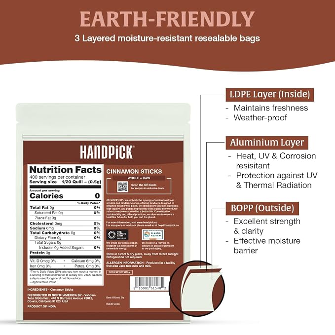 HANDPICK Cinnamon Sticks (7 oz) 100% Raw, Non-GMO, Gluten-Free | Premium Quality | Resealable Ziplock Pouch | Perfect for Baking, Cooking & Beverages (Packaging may vary)