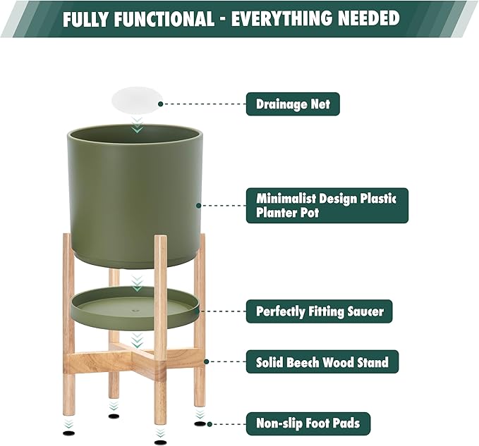 D'vine Dev Planter Pot with Stand - 14 Inch Plastic Cylinder Flower Pot with Wood Planter Holder for Indoor, Olive Pot + Natural Stand, 55-C-S-3