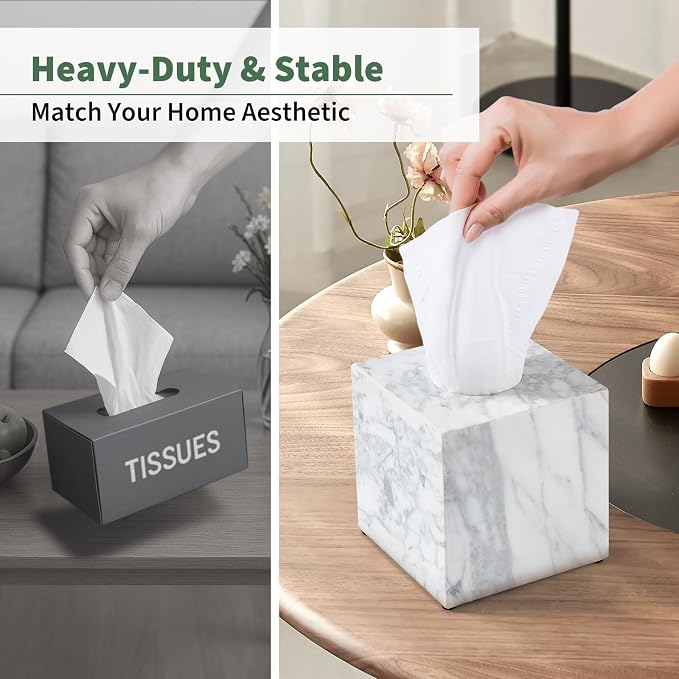 Real Natural Marble Tissue Box Cover, 5.5 Inch Square Marble Tissue Box Holder with Open Bottom, Heavy Stone Decorative Organizer for Bathroom Vanity, Kitchen Countertop, Luxury Home Décor