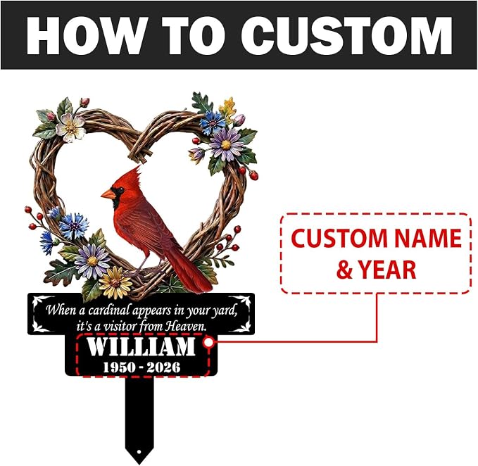 Personalized Cardinal Garden Sign with Stakes, Red Bird Metal Decor, Flower Yard Metal plaque, Gifts for Mom/Grandmother, Patio House Warming Gifts Outside