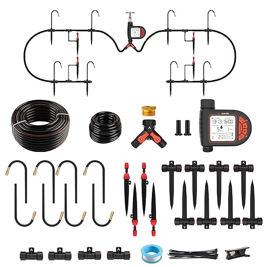 A ANLEOLIFE 82.4FT Automatic Drip Irrigation Kit with Water Timer, 8 Programs & LCD, Quick-Connect System, 1/2" Mainline + 1/4" Tubing, 360° Bendable Nozzles for Raised Beds, Garden & Greenhouse