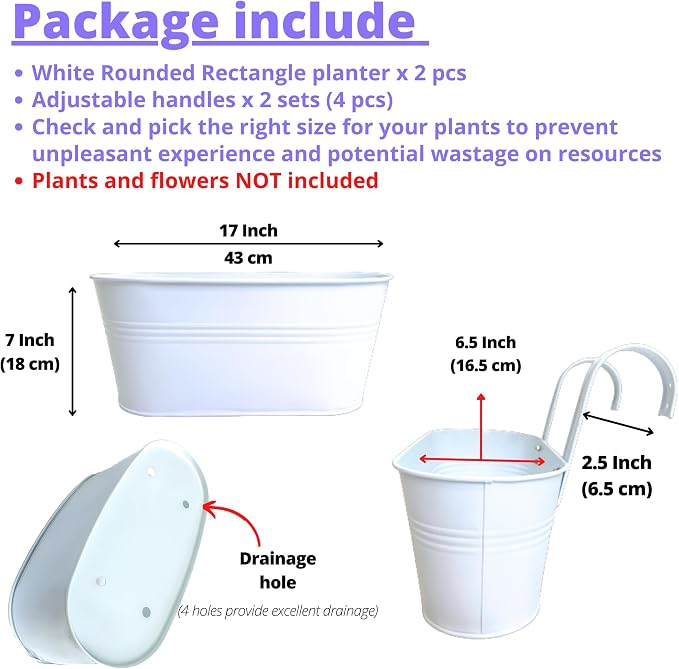LaLaGreen Planter Boxes for Outdoor (2 Pack, 17 Inch) White Metal Deck Railing Hanging Flower Pots, Large Window Box Plant Holder Hooks Fence Rail Bucket Outside Boho Style Wall Mount Porch Herb Decor
