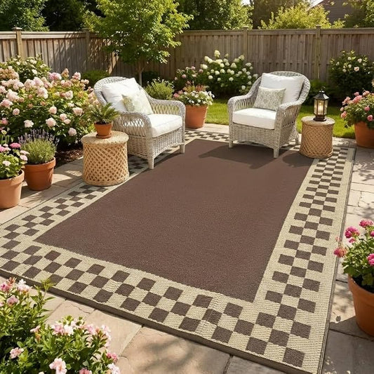 Waterproof Plastic Straw Outdoor Rug 9x18 Patio Reversible UV Resistant Foldable Camping Carpet Modern Geometric Border Large Outdoor Rugs for Deck, Porch, Camper, Balcony, Beach，Brown