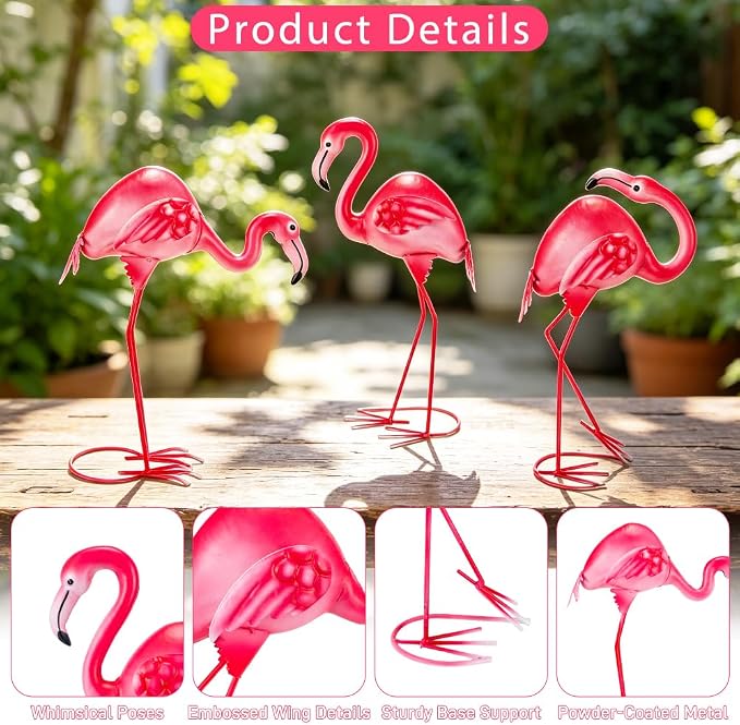 3Pcs Pink Flamingo Yard Decor 15" Metal Yard Art Outdoor Sculptures | Garden Statues for Outside Lawn Ornament Home Patio Backyard Décor Porch Pool Deck Decorations Set Of 3 Tropical Present