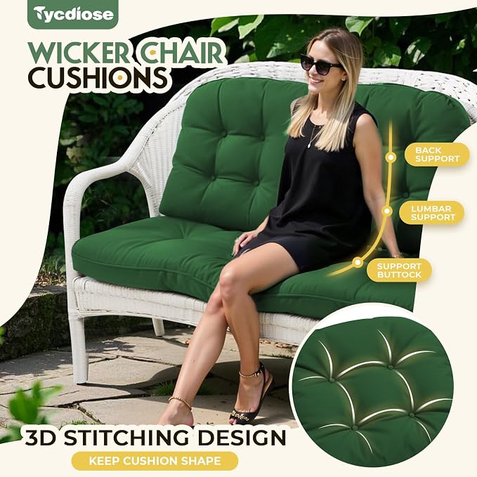 All Weather Outdoor Wicker Chair Cushions of 3 Pieces, Waterproof Outdoor Wicker Chair Cushion for Patio Furniture Loveseat Settee Bench, 1 Loveseat and 2 U-Shaped Thickened Cushions, Green