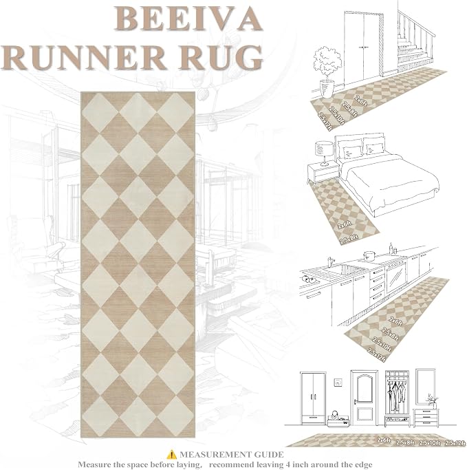 Beeiva Checkered Print Carpet Runners for Hallway 12ft, Beige Neutral Washable Long Hallway Runner Rug 2.5x12, Moroccan Gingham Diamond Carpet Ultra Thin Faux Wool Rug for Kitchen Decor