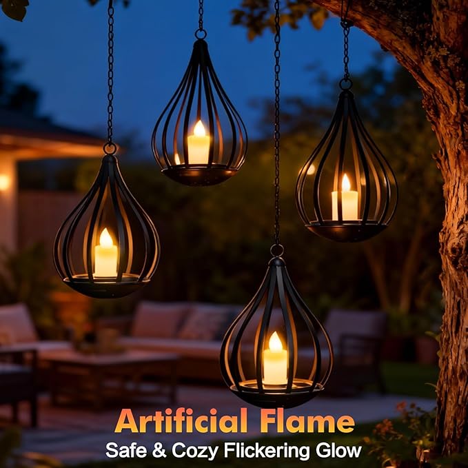 Solar Lanterns Outdoor Waterproof, Solar Lights Outdoor with Flickering Flameless Candle, Garden Decor Gifts for Women Mom Grandma, Hanging Solar Lights for Patio, Porch, Backyard, 4 Pack
