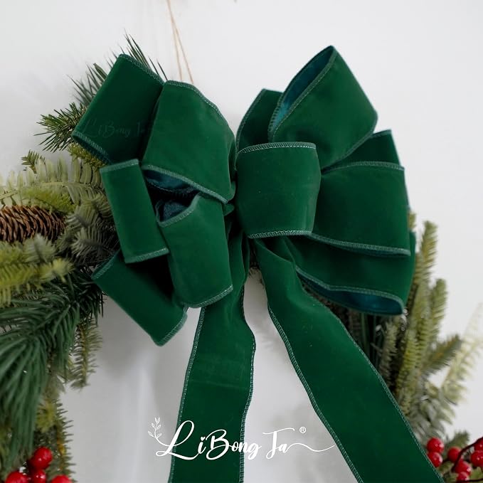 13" Green Pre-Tied Bow for Christmas Tree, Dark Green Velvet Ribbon Bow for Wreaths, Tree Toppers, Premade Gift Bows for Party Favor, Christmas Home Indoor Outdoor Decor-1 Counts