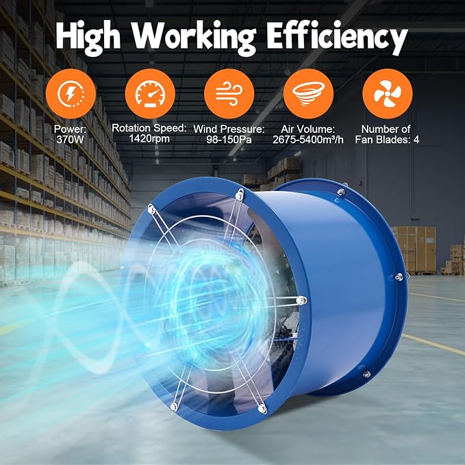16 Inch Paint Booth Exhaust Fan, 5400m³/H Airflow 370W Explosion Proof Exhaust Fan for Paint Booth, Spray Booth, Basement, Factory, Warehouse, Low Noise, Durable Carbon Steel (16 inch)