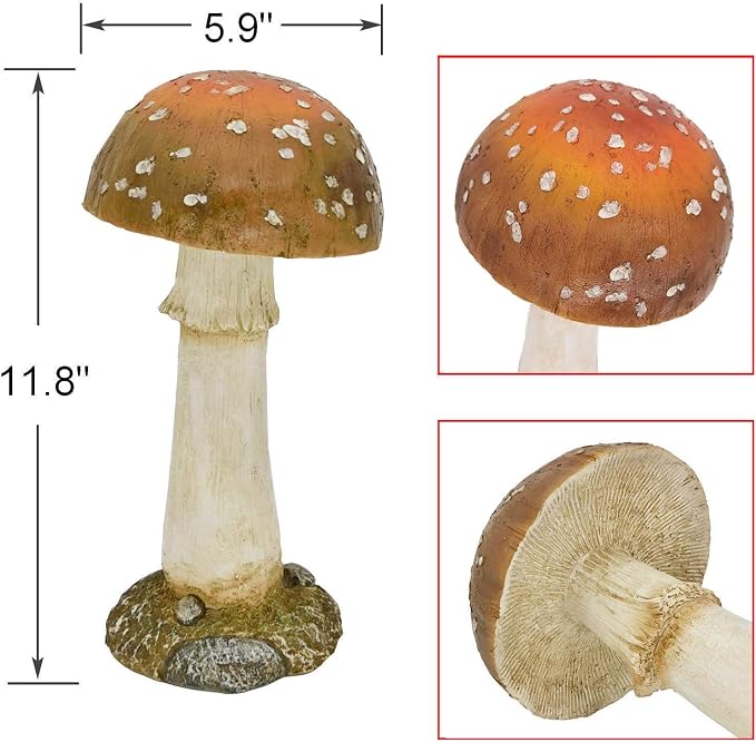 Mushroom Decor Outdoor Garden Statue - Garden Gnome's Favorite Garden Decoration Patio Decor (11.8", Brown)
