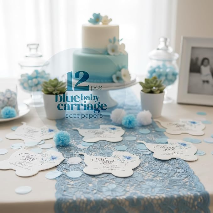 12pcs Blue Carriage-Shaped Gift Tags with Wildflower Seeds - Writable Gift Wrap Tags for Baby Showers, Mother's Day Present, Party Favors, DIY Crafts, & Earth Day Decorations