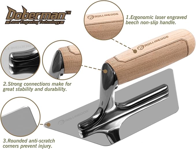ROLLINGDOG Venetian Trowel - Mirror Polished 420 Stainless Steel Blade, Ergonomic Beech Handle for Decorative Finish and Polish,Plaster Finishing(7.9inchX4.1inchX3.3inch) | Mirror Polished 420 Stainless Steel Blade, Ergonomic Beech Handle