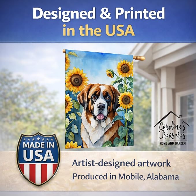 Caroline's Treasures DAC6151CHF Saint Bernard in Sunflowers House Flag Large Porch Sleeve Pole Decorative Outside Yard Banner Artwork Wall Hanging, Polyester, House Size, Multicolor