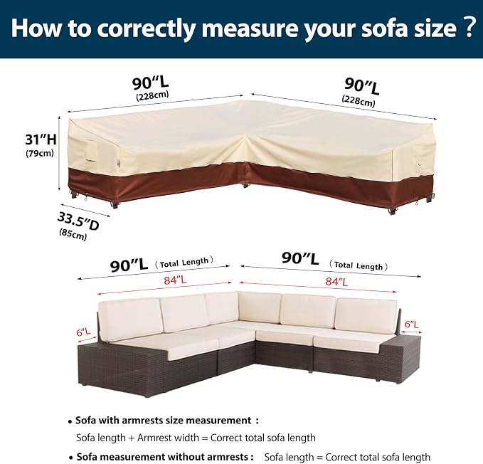 Outdoor Sectional Cover, 90-inch V-Shaped Patio Furniture Sofa Covers Waterproof Rip-Stop Anti-UV 600D Heavy Duty Outdoor Couch Cover with 3 Air Vents, 90''L 90"L 33.5''D 31''H