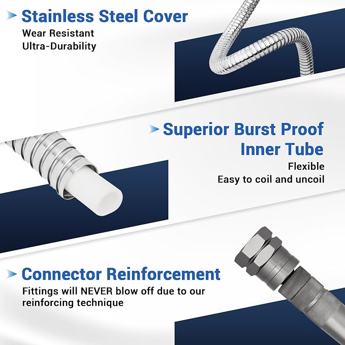 100 FT Stainless Steel Garden Hose – Long Reach 304 Steel Metal Water Hose, No-Kink, Leak-Proof Swivel Fittings, Puncture Resistant, 8-Pattern Nozzle for Large Yards, Driveways, Farm Tasks