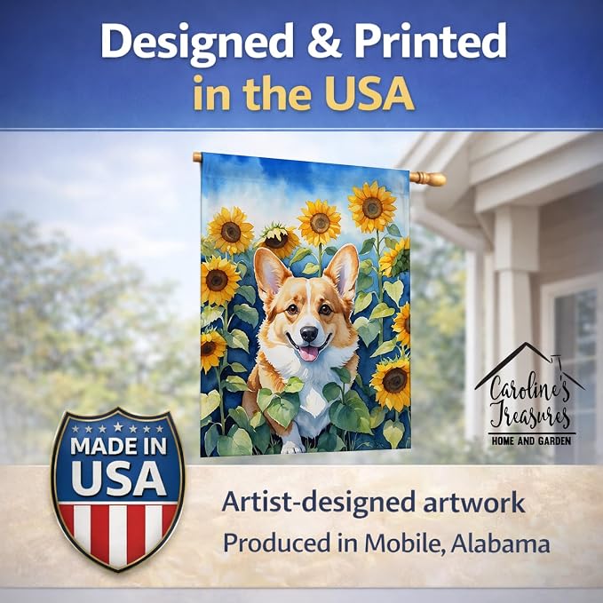 Caroline's Treasures DAC6062CHF Corgi in Sunflowers House Flag Large Porch Sleeve Pole Decorative Outside Yard Banner Artwork Wall Hanging, Polyester, House Size, Multicolor