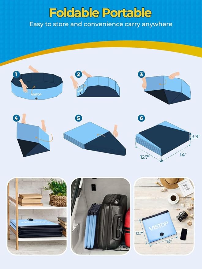 VISTOP Jumbo Foldable Dog Pool, Hard Plastic Shell Portable Swimming Pool for Dogs Cats and Kids Pet Puppy Bathing Tub Collapsible Kiddie Pool (117inch.D x 15.7inch.H, Blue)