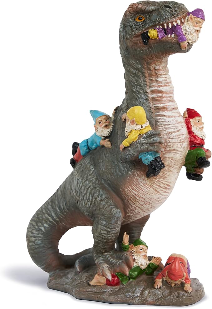 12 Inch Dinosaur Eating Gnomes Garden Statue | Funny Dinosaur Statue with Colorful Gnome Figures for Fairy Gardens, Patios Yard Decor