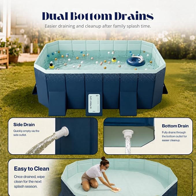 100.78-Inch Foldable Swimming Pool, Blue Non-Inflatable Rectangular Pool for 4-6 People, 4-Layer Composite PVC, Aluminum Alloy Frame, Dual Drains for Backyard Summer Fun