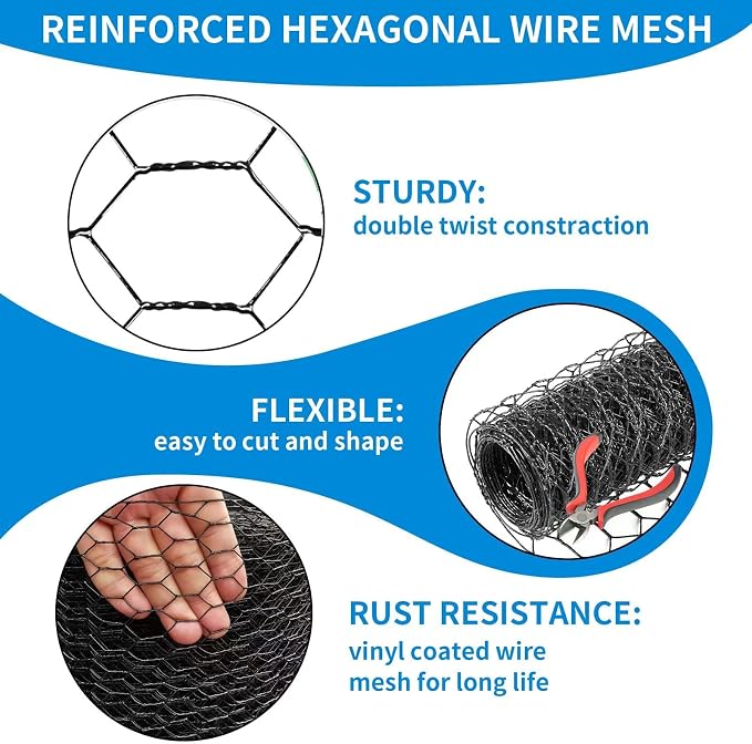 24'' x 150' Black Chicken Wire Mesh Fence, 19 Gauge Galvanized Poultry Netting and 1 inch Garden Mesh Fence Roll, Chicken Wire for Floral Arrangements/Crafts/Farm/Livestock/Pet Protection