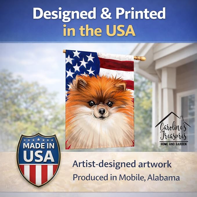 Caroline's Treasures CK6538CHF German Spitz Dog American Flag House Flag Large Porch Sleeve Pole Decorative Outside Yard Banner Artwork Wall Hanging, Polyester, House Size, Multicolor