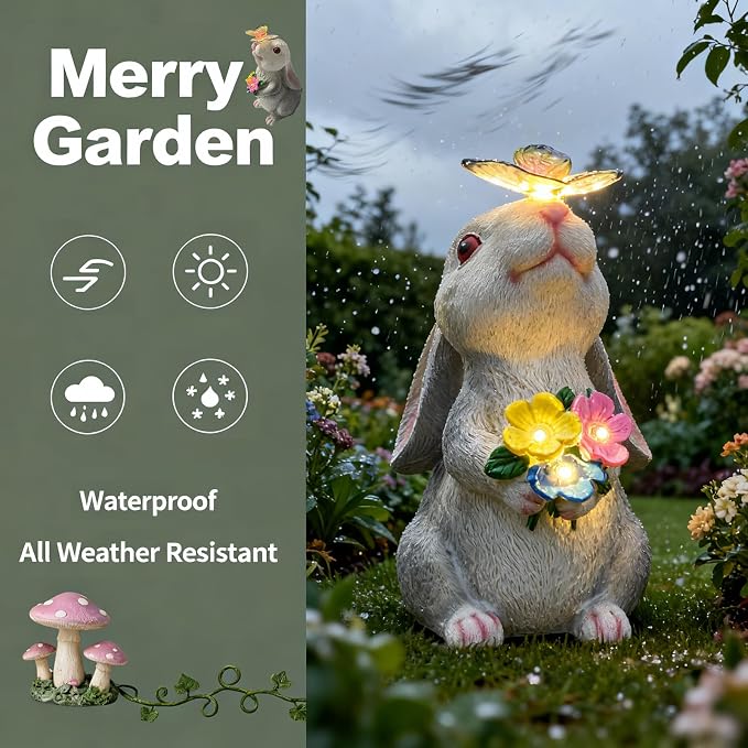 Bunny Garden Decor Solar Light Figurine, Rabbit with Butterfly Sculpture, Outdoor Waterproof Resin for Patio Porch Backyard, Mother's Day Easter Spring Gift for Mom/Grandma, Housewarming New Home Gift