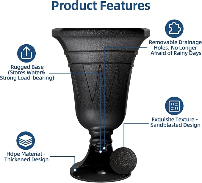 Tall Urn Planters for Outdoor Plants Set of 2-23.6" H Vintage Trophy Design Outdoor Planters for Porch Decor with Drainage Hole, Indoor Large Flower Pots, Pedestal Planter/Garden Vase, Black