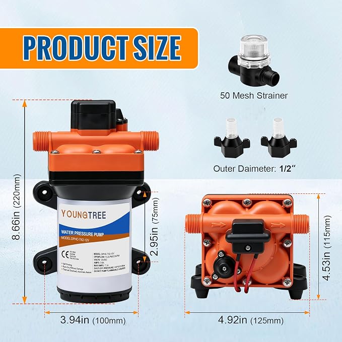YOUNGTREE 12V RV Water Pump Quiet 3.5GPM 55PSI 12V DC Fresh Water Pressure Pump On Demand Replace#4008-101-A65/E65 with Pressure Switch for RV Camper Rain Barrel Boat Shower Garden Food Truck
