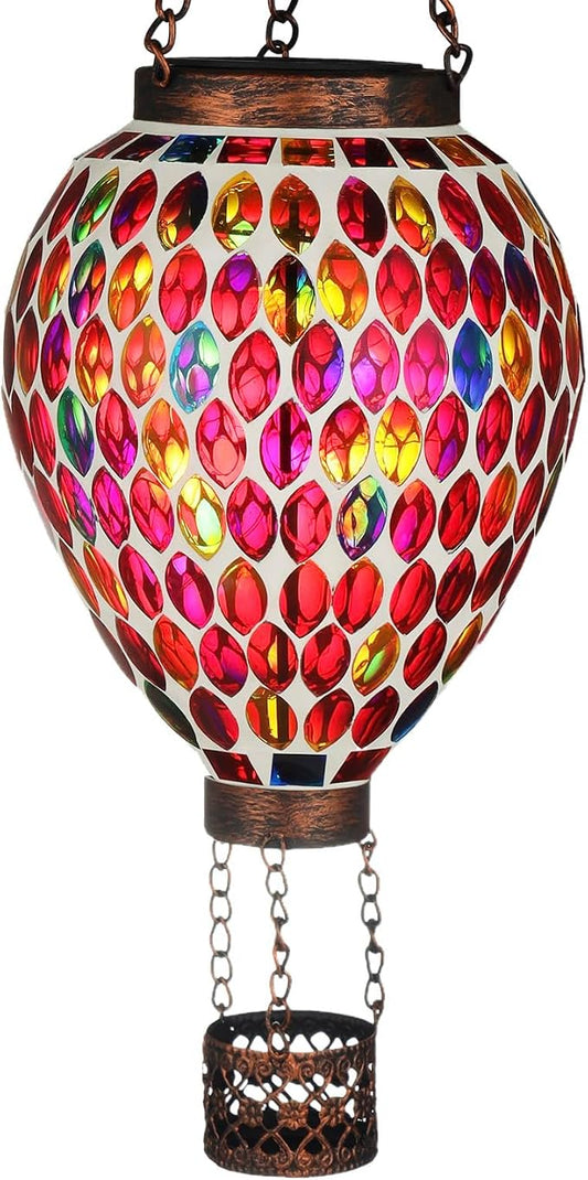 VOREEN Hot Air Balloon Solar Lantern, Mosaic Glass Hanging Solar Lights for Outside Garden & Patio, Waterproof Outdoor Decor, Handmade Art Glass Balloon (Red)