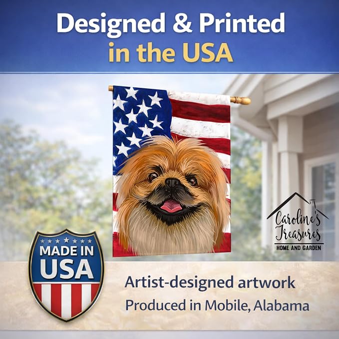 Caroline's Treasures CK6639CHF Pekingese Dog American Flag House Flag Large Porch Sleeve Pole Decorative Outside Yard Banner Artwork Wall Hanging, Polyester, House Size, Multicolor