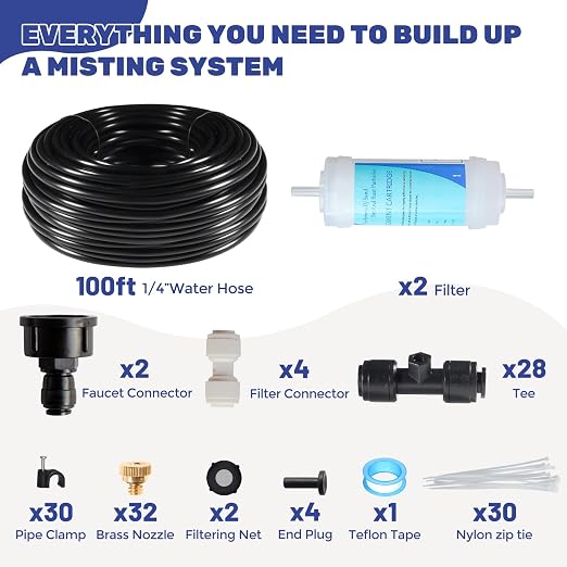 Maotong 100FT Mister for Outside Patio Misting Cooling System, 100FT (30M) Misting Line+32 Brass Mist Nozzles+Water Filter, Outdoor Mister System for Garden Greenhouse Trampoline Waterparke
