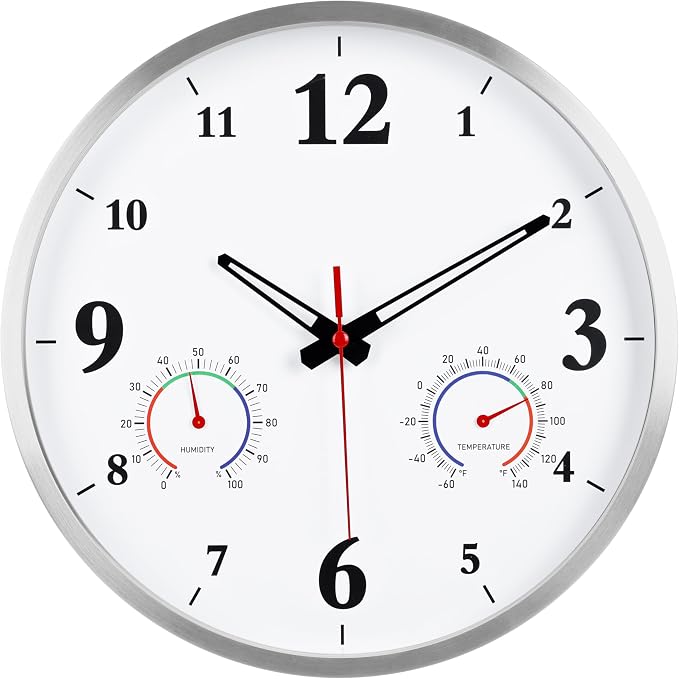 Outdoor Clock Waterproof with Thermometer and Hygrometer Combo, Metal Outdoor Wall Clocks for Patio Pool Garden - 12 Inch White