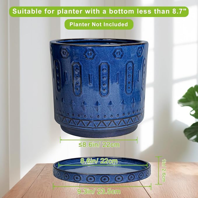 Eightpot Plant Saucer 9.3 Inch - Ceramic Plant Saucer for Indoors Outdoors Plant Water Catcher Tray Plant Drainage Tray Decorative Flower Pot Saucer Plant Plates Blue