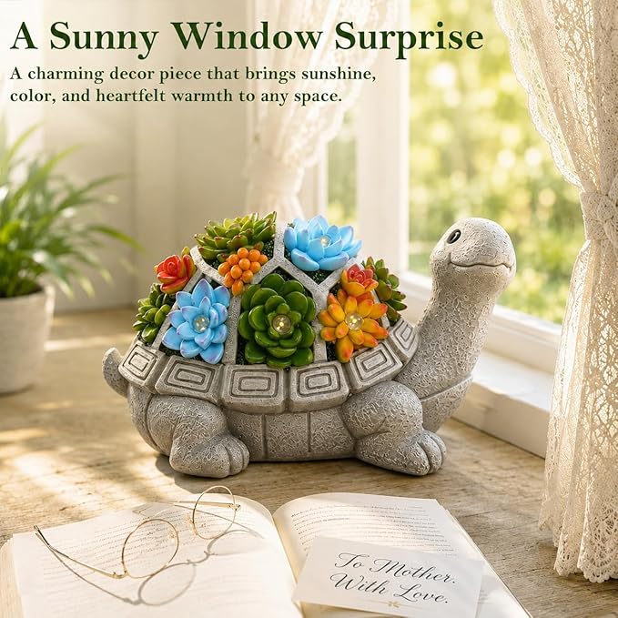 Solar Garden Outdoor Statues Turtle with Succulent | 7 LED Lights, Lawn Decor Statue for Patio, Balcony, Yard Ornament, Gifts for Mom Grandma Women